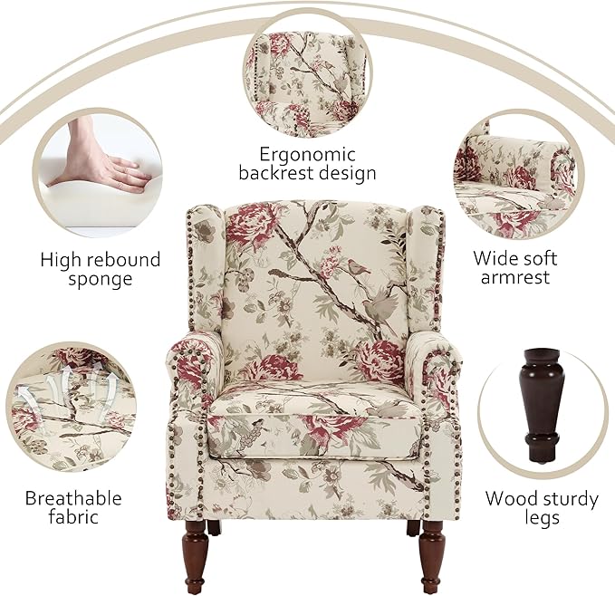 Lumibee Wingback Accent Chair, 2 Set High Back Floral Armchairs in Fabric,Comfy Upholstered Reading Single Sofa Chairs with Solid Wood Legs for Living Room,Bedroom,Office-Floral Beige