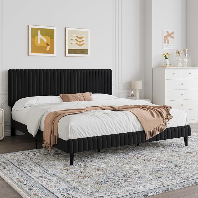King Size Bed Frame, Velvet Upholstered Platform Bed with Vertical Channel Tufted Headboard and Footboard, No Box Spring Required, Easy Assembly, Black