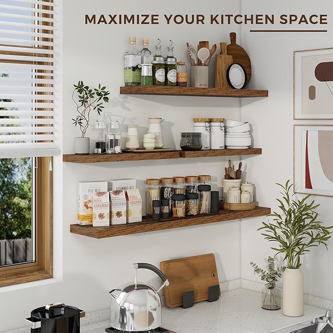 48 inch Floating Shelves for Wall Large Wall Mounted Shelves with Invisible Brackets, Brown Long Shelves for Bathroom, Living Room, Kitchen, Office, 48x9.1 inch deep Set of 2