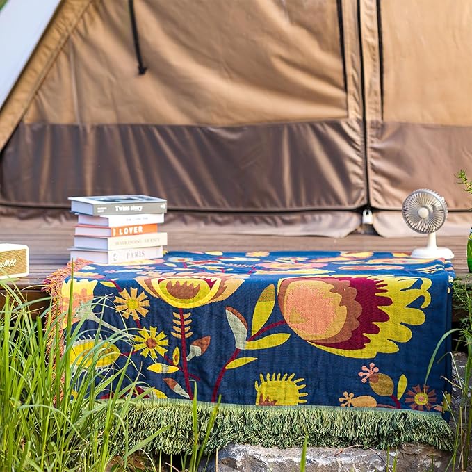 Snycler Boho Throw Blanket for Bed, 100% Organic Cotton Muslin Soft Throw-Blue Boho Floral Farmhouse Rustic Spring Summer Fall Decor Blanket for Couch Sofa Quilt and Gift, 80" x 90"