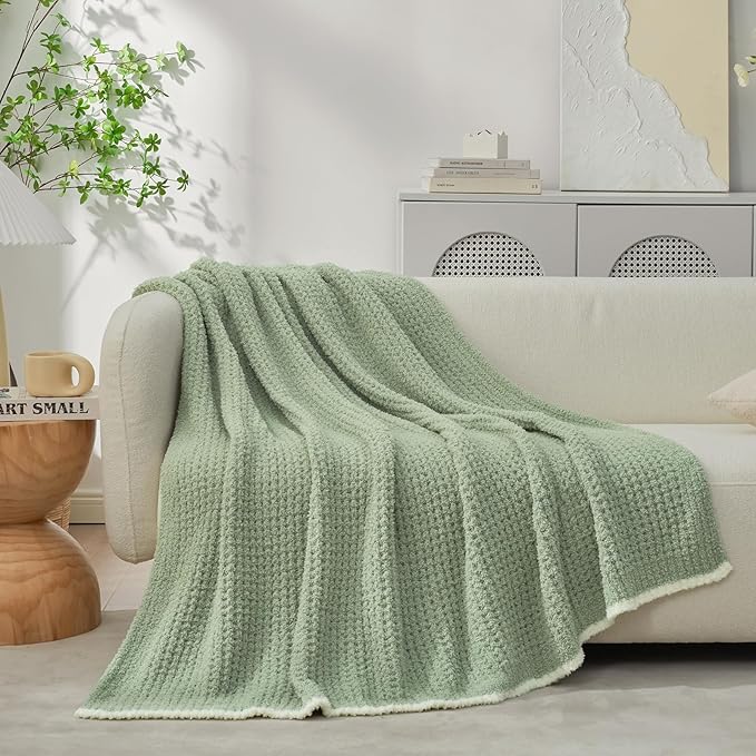 Snuggle Sac Sage Green Waffle Throw Blanket for Couch Bed Sofa 60x80 inches, Reversible Sage Green Blanket Microfiber Fluffy Fuzzy Cozy Knit Twin Blanket for Women Mothers Birthday Gifts