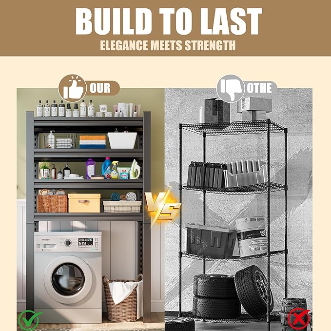 Over The Washer and Dryer Storage Shelf with Baskets, Multi Functional Storage Rack Storage Shelf Organizer Black for Laundry Room,Suit Washing Machine Width Within 32.6", Hold 500 lb, Black