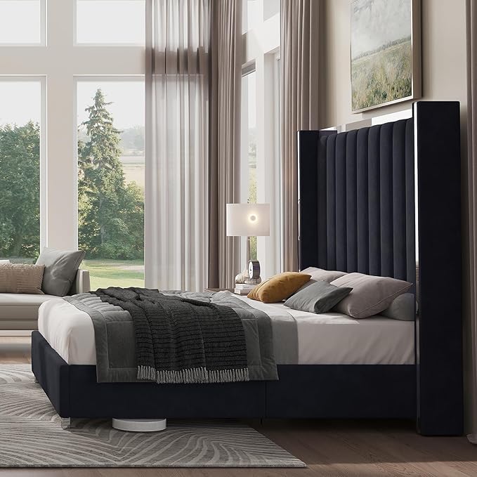 Jocisland Queen Size Bed Frame with 58" Tall Headboard, Velvet Upholstered Platform Bed with Channel Tufted Wingback Headboard and Plating Trim, No Box Spring Needed, Black