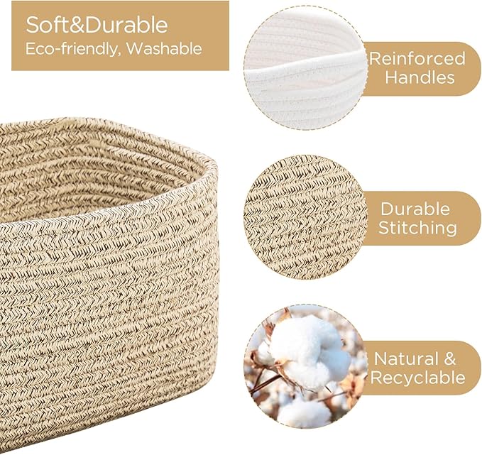 Small Cotton Rope Storage Basket Set of 3-11"x7"x7" Perfect Woven Baskets for Storage, Ideal Storage Baskets for Organizing Toys, Towels, and More - Baskets for Shelves and Home Decor(Beige)