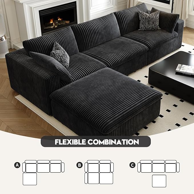 118" Cloud Couch Modular Sectional Sofa for Living Room,Modern Sofa with Deep Seat,L-Shape Boneless Couch with Ottoman,Comfy Upholstered Corduroy Couches for Apartment, Studio, Office,Bedroom,Black