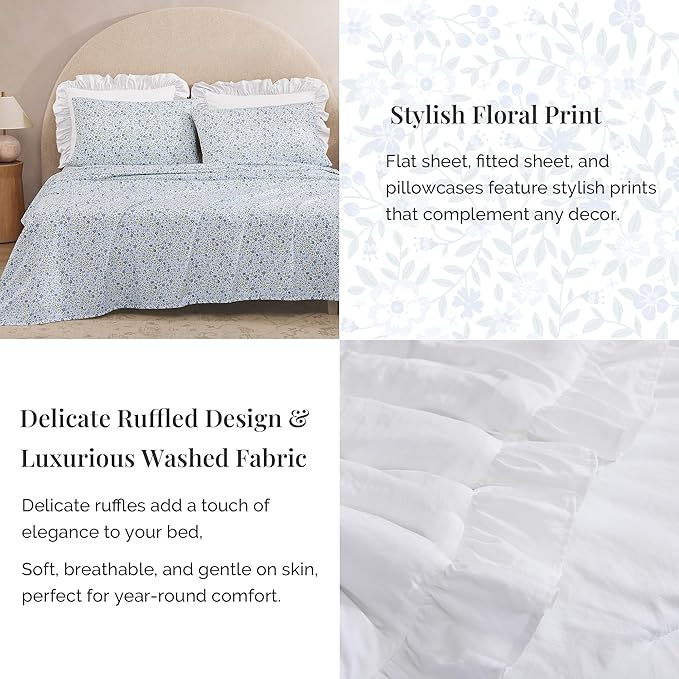 Twin XL Comforter Set - 5 Pieces Ruffle White Bedding Sets, Shabby Chic Farmhouse Bed in a Bag Twin XL with Ruffle Comforter, Floral Sheets, Pillowcases & Shams