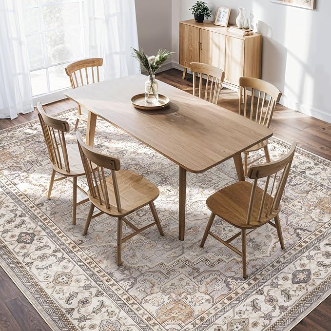 Washable Area Rugs for Living Room - 5x7 Neutral Vintage Distressed Floral Farmhouse Boho Large Soft Floor Rug Indoor Non Slip Carpet for Bedroom Dining Room Office - Grey Brown