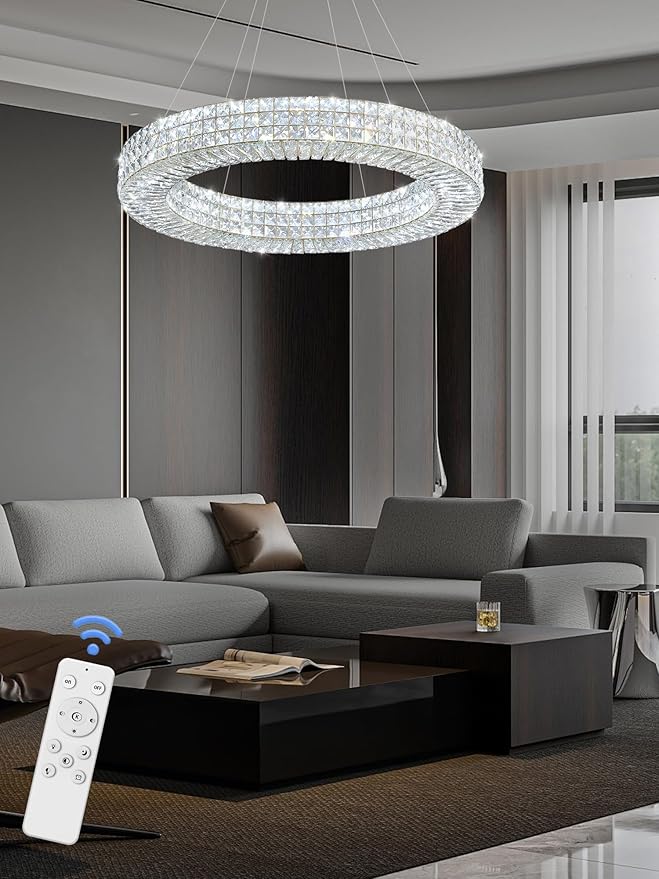 Dia 32" Ring Crystal Chandelier Modern Gold Chandelier Adjustable Height Luxury Crystal Pendant Ceiling Light Fixture for Dining Living Room Bedroom