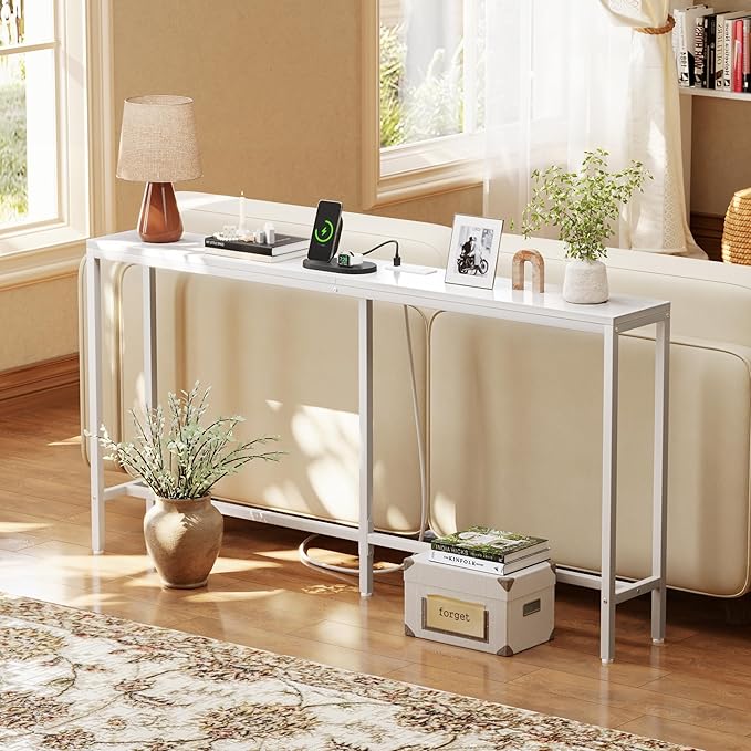 SUPERJARE Console Table with Outlet, 63 Inch Sofa Table with Charging Station, Narrow Entryway Table, Skinny Hallway Table, Behind Couch Table, for Living Room, Plants, White