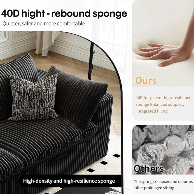 118" Cloud Couch Oversized Modular Sectional Sofa for Living Room,Modern Sofa with Deep Seat,6 Seater Boneless Couch,Comfy Upholstered Corduroy Couches for Apartment, Studio, Office,Bedroom,Black