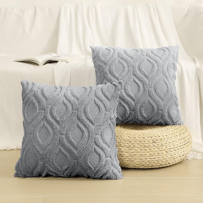 decorUhome Fall Throw Pillow Covers 24x24 Inch Set of 2, Soft Plush Decorative Faux Fur Grey Solid Couch Pillow Covers, Accent Farmhouse Neutral Square Euro Pillow Cases for Sofa Bed Living Room