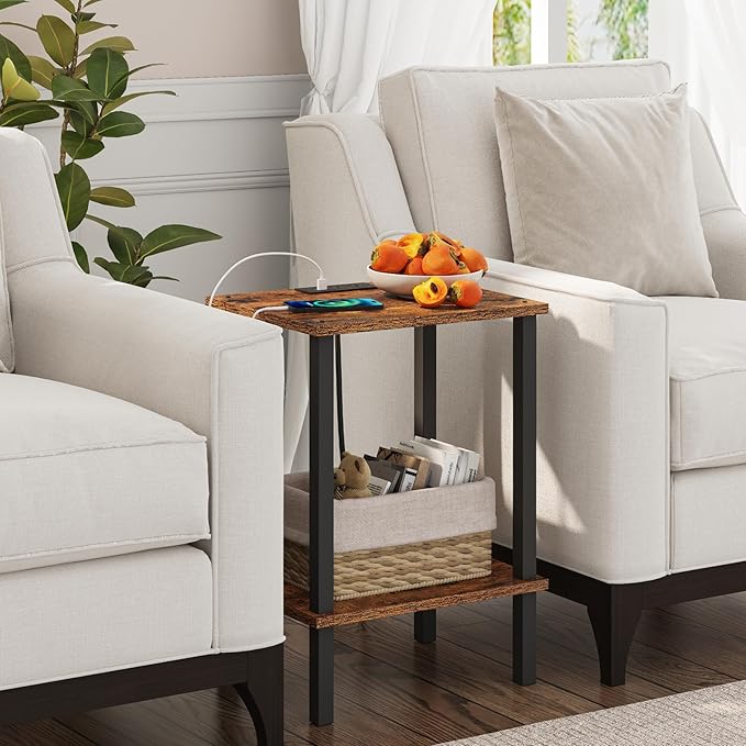 TUTOTAK End Table with Charging Station, Side Table with USB Ports and Outlets, Nightstand, 2-Tier Storage Shelf, Sofa Table for Small Space, 1 Package(2PCS) TB01BB041