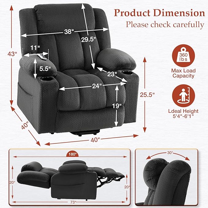 Three Motor Large-Wide Power Lift Chairs Recliners for Big and Tall Elderly, 180° Lay Flat Lift Chair, Infinite Position, Power Headrest, Heat & Vibration Massage (Plush Flannel, Dark Gray)