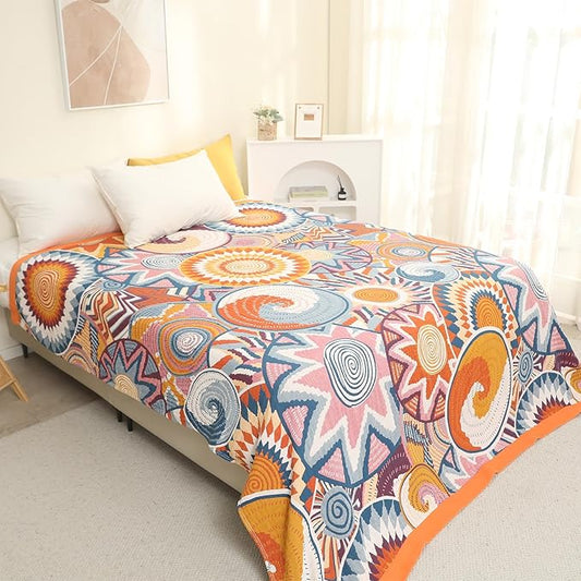 Snycler Boho Throw Blanket for Bed - 100% Cotton Ultra Soft Rustic Quilt Fall Blanket - Orange Floral Printed Farmhouse Decor Bed Blankets, 80"×90" All Season Rustic Throw for Sofa Couch Chair