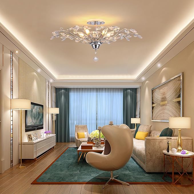 Ganeed Frozen Crystal Branch Close to Ceiling Light Chrome Silvery Vintage Chandelier with 5-Light Heads, Modern K9 Crystal Chandelier for Dining Room Living Room Bedroom Kitchen Over Table