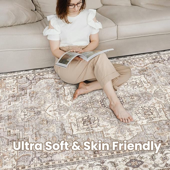 Washable Area Rugs for Living Room - 9x12 Neutral Vintage Distressed Floral Farmhouse Boho Large Soft Floor Rug Indoor Non Slip Carpet for Bedroom Dining Room Office - Grey Brown