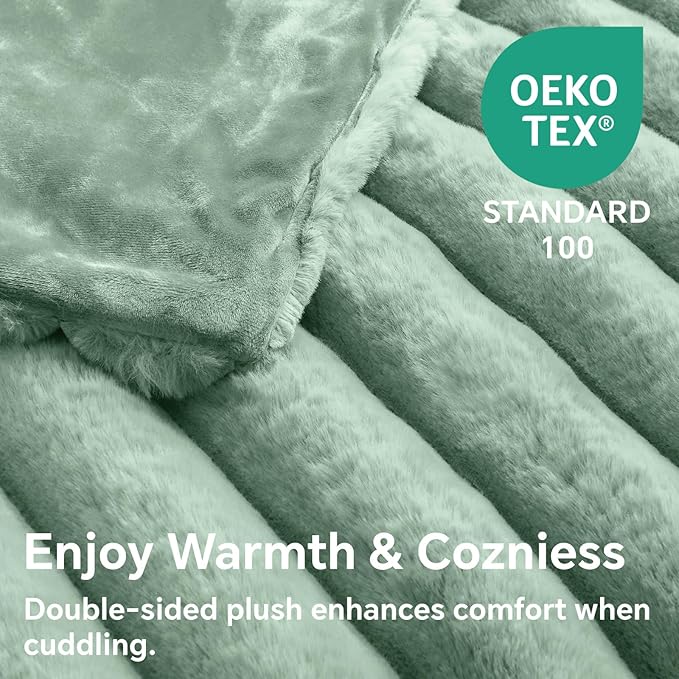 BEDELITE Faux Rabbit Fur Blanket, Luxurious 3D Striped Spring Blanket for Decor & Gift, Soft and Warm Plush Fluffy Faux Fur Throw Blanket All Seasons Suitable, (Sage Green, 50"x 60")