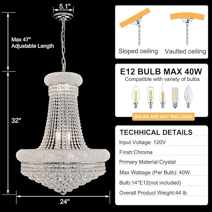 14 - Light Unique Empire Crystal Chandelier with Adjustable Chain for High Ceiling Foyer Entryway Living Room Dining Room Bedroom Chrome Finish
