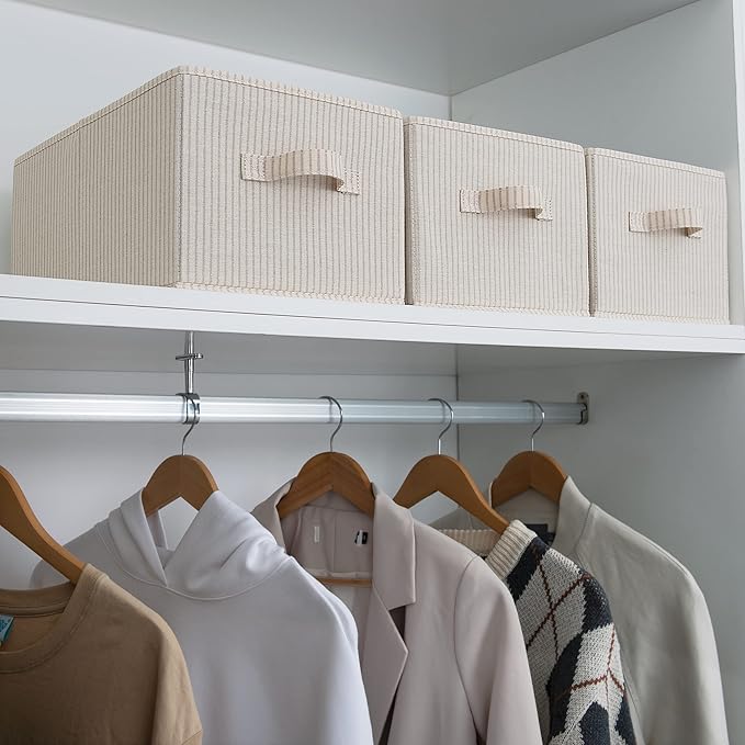 StorageWorks Storage Baskets for Shelves, Foldable Fabric Closet Storage Bins with Handles, Fabric Storage Bins Clothes Organizer, Beige Stripes, 3-Pack, Large
