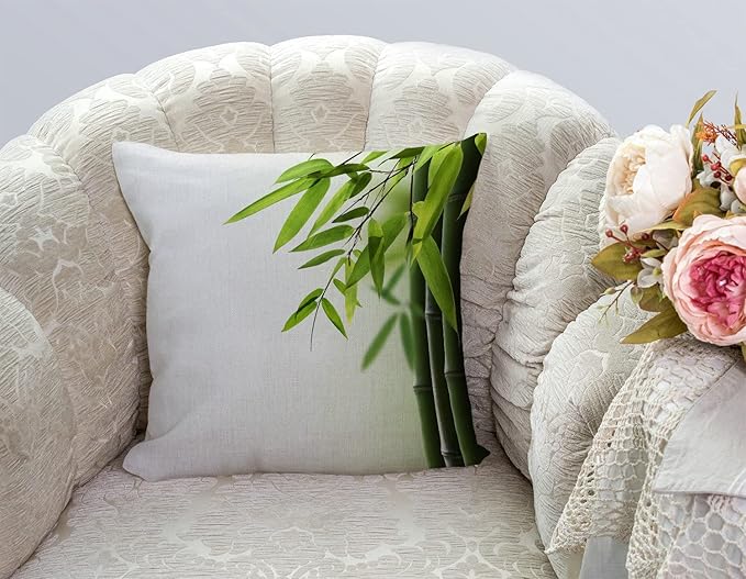 TSSOHU Green Bamboo Farmhouse Pillow Cover Cotton Linen Decorative Square Throw Pillow Cover 18x18 Inch for Sofa Couch Decoration