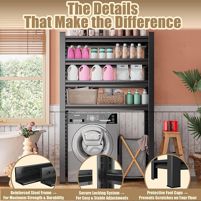 Over The Washer and Dryer Storage Shelf with Baskets, Multi Functional Storage Rack Storage Shelf Organizer Black for Laundry Room,Suit Washing Machine Width Within 32.6", Hold 500 lb, Black