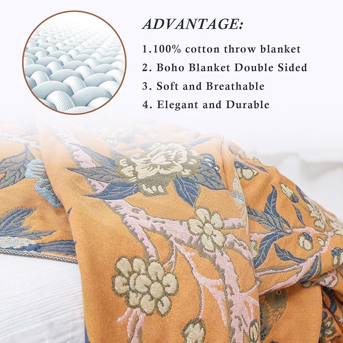 Snycler Boho Throw Blanket for Bed - 100% Cotton Ultra Soft Rustic Quilt Blanket Orange Bird Floral Printed Farmhouse Decor Bed Blankets, 80"×90" All Season Rustic Throw for Sofa Couch Chair
