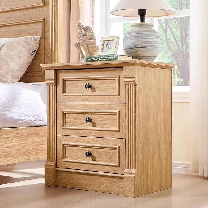 26" Tall Farmhouse Nightstand Set of 2, 3 Drawers End Table w/Charging Station, 23.6" Wide Large Side Table w/Roman Column, Wood Rustic Sofa Table for Bedroom, Natrual
