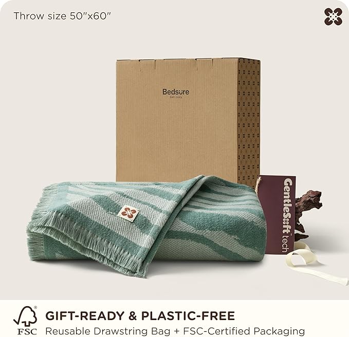 Bedsure 100% Cotton Throw Blanket for Couch - Chenille Woven Textured Blanket Gifts for Women, Cozy and Soft for All Seasons, Home Decor Boho Throw for Bed, Sofa, Aqua Gray, 50x60 Inches