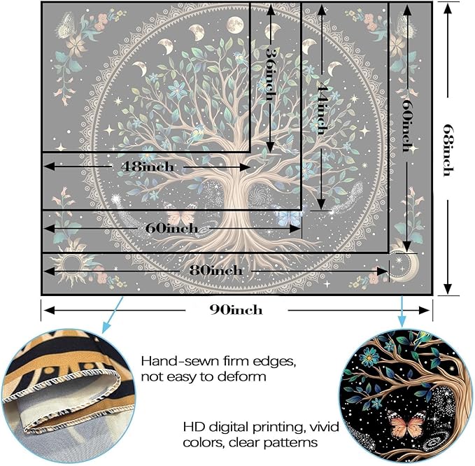 Lunerfex Tree of Life Tapastry Sun and Moon Tapastry Flower Boho Tree Mandala Wall Hanging for Bedroom and Living Room Decor Green Tree 44×60 Inches