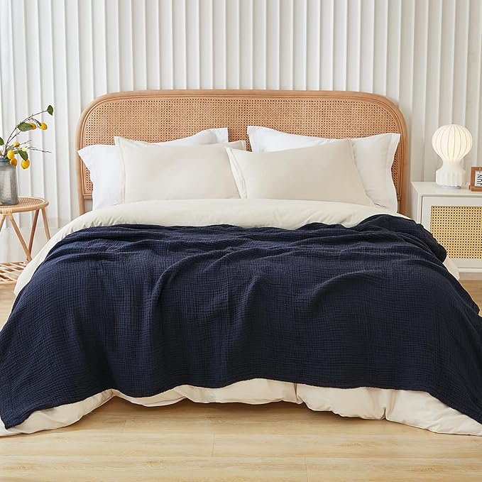EMME Cotton Throw Blanket for Couch Soft Muslin Blankets 50"x60" Lightweight Breathable Blanket All Season Gauze, Navy