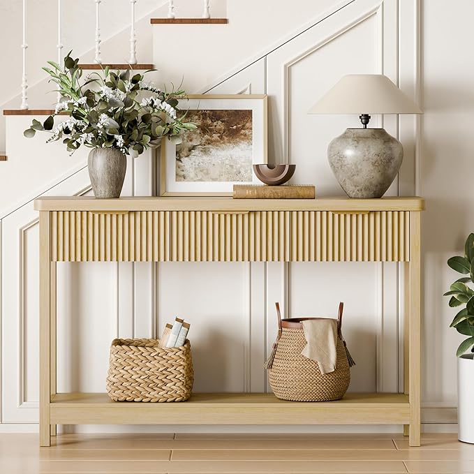 Lulive 51" Fluted Console Table for Entryway, Entryway Table with 3 Wooden Drawers, Farmhouse Behind Sofa Table for Living Room, Hallway, Couch, Foyer