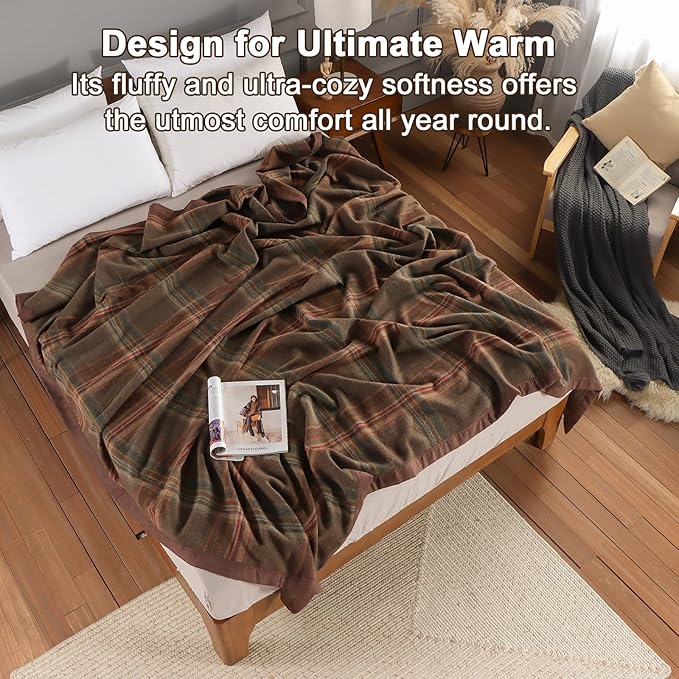 YOUR MOON 100% Pure Merino Wool King Size, Australian Organic Natural Wool Blanket, Hypoallergenic Wool Blanket for Bed, Medium Weight(Plaid Brown, 90 * 108)