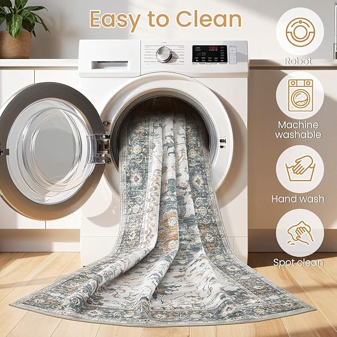 Washable Area Rugs for Living Room -10x12 Neutral Vintage Distressed Floral Farmhouse Boho Large Soft Floor Rug Indoor Non Slip Carpet for Living Room Bedroom Dining Room Office -Green/Grey