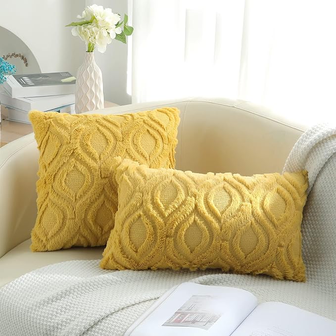 decorUhome Throw Pillow Covers 22x22 Inch Set of 2, Soft Plush Decorative Faux Fur Mustard Yellow Solid Couch Pillow Covers, Accent Farmhouse Neutral Square Euro Pillow Cases for Sofa Bed Living Room