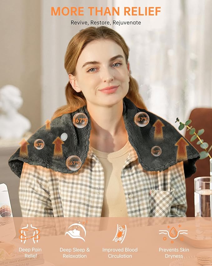 Nano Heating Pad Pain Relief, Far Infrared Heating Electric Pad for Period Cramps Back Neck, Washable, Car, Portable, for Women Mom Elder,12V Safe, Remote 6 Heat&Time(12"x24", Grey)