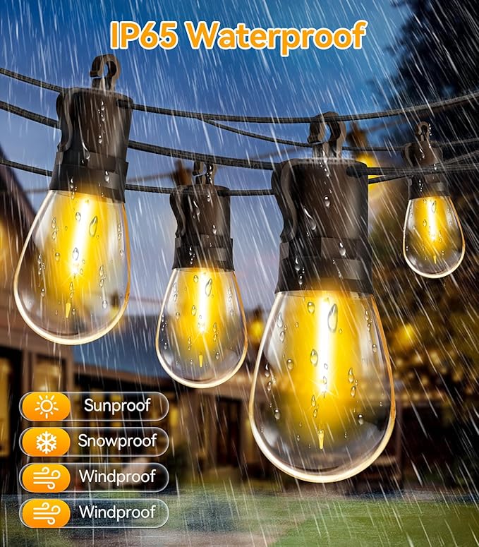 Outdoor-String-Lights-Patio-LED-Light-Outside 50Ft 15M Waterproof Remote Dimmable S14 LED Porch Lighting with 15 Edison Plastic Bulb Hanging Lights Connectable for Backyard Yard Gazebo Party Garden