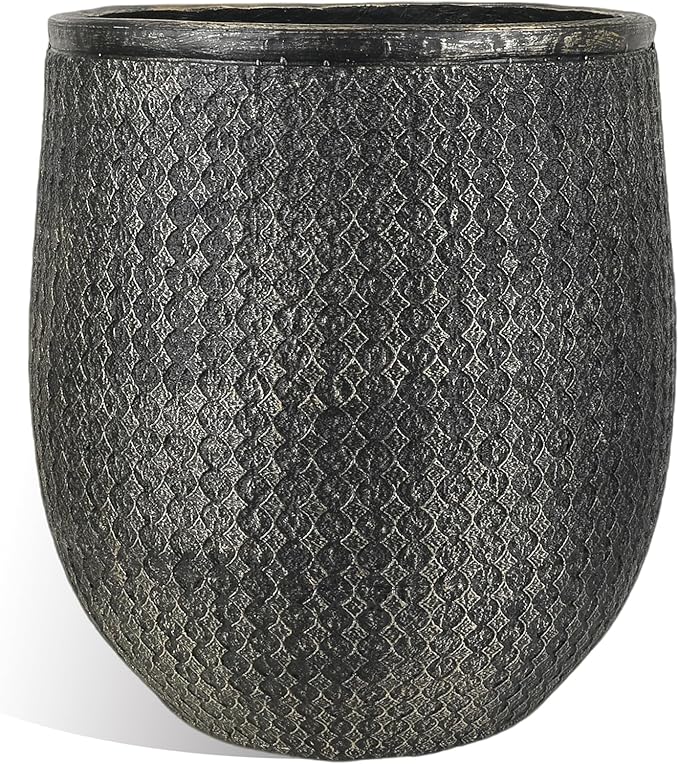 Worth Garden 12" Dia x 15" H Round Planter – Lightweight Magnesium Oxide Cement Plant Pot with Texture – Raised Pattern Concrete Look – Drainage Hole – Indoor & Outdoor Use - Black Gold