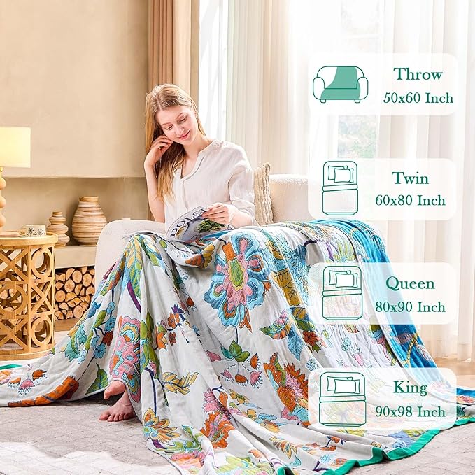 Summer Throw Blanket, 50"x60" Reversible Bohemian Flower Blanket, 100% Cotton Muslin Breathable Woven, Farmhouse Decorative Throw Blanket