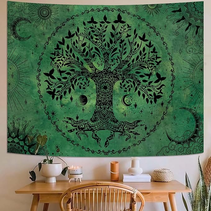Lunerfex Tree of Life Mandala Tapestry Boho Tapestry for Bedroom Green Tapestries Wall Hanging Living Room Wall Art and Home Decor 70x90