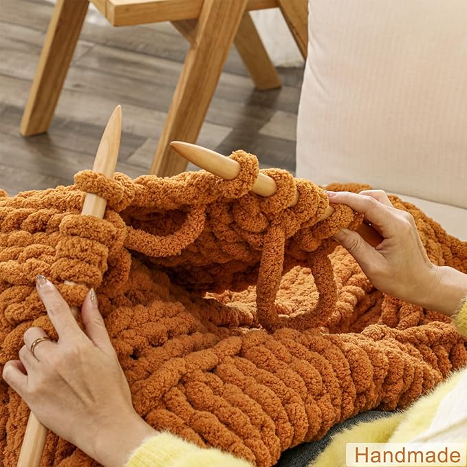 WESHIONGOO Chunky Knit Blanket Throw 40"×40" Knitted Throw Blankets for Couch Bed Fall Throw Blanket Fluffy Soft Blanket with Jumbo Chenille Yarn Thick 100% Handmade (Burnt Orange)