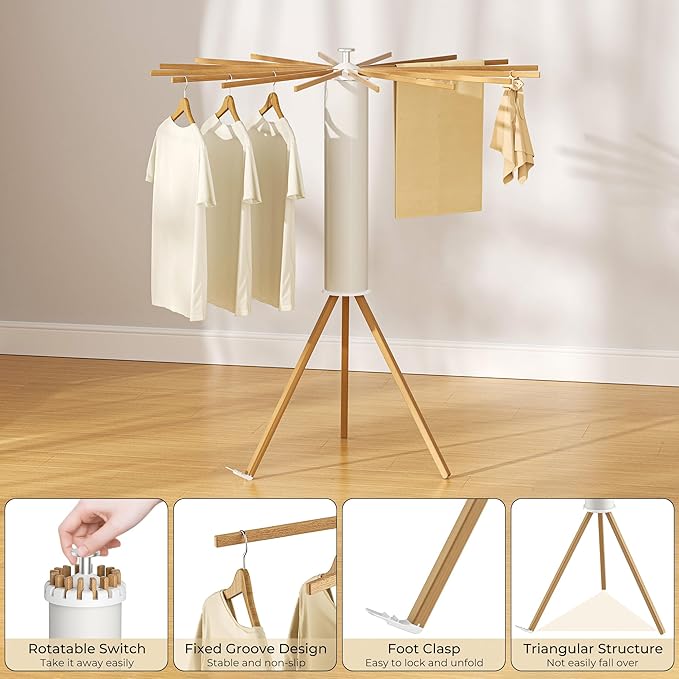 Tripod Clothes Drying Rack, Garment Rack Portable and Foldable Space Saving Laundry Drying Rack - Dryer Rack Clothing Floor Folding Balcony Bedroom Household (Beige(Wood), 16 rods)