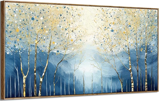 amatop Extra Large Framed Wall Picture for Living Room Abstract Forest Canvas Art Print Modern Landscape Tree of Life Picture Oversized Birch Artwork Bedroom Home Office Decor Blue Orange 58x29 Inch
