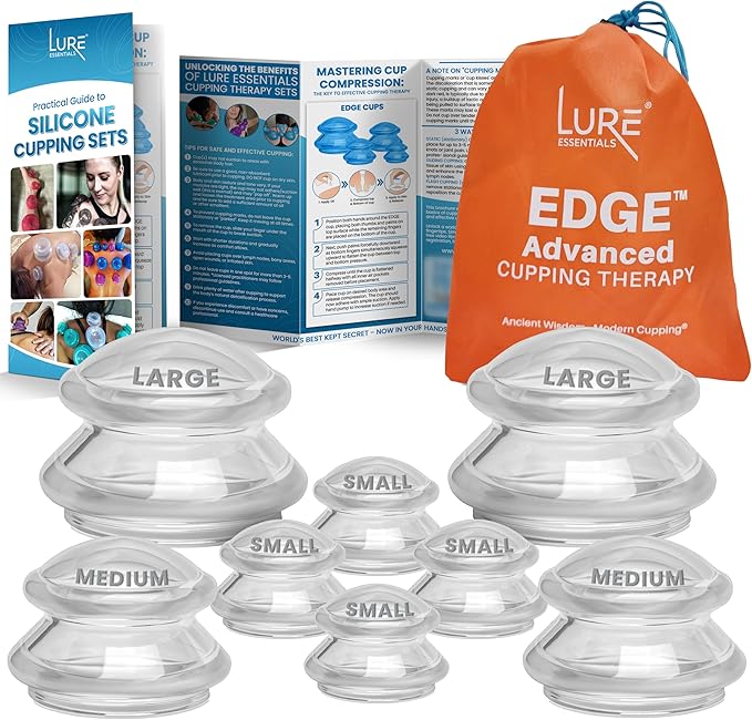 Lure Essentials Edge Silicone Cupping Set, Cupping Kit for Massage Therapy, Long Lasting Cups for Professional & Home Use, Body Sculpt Cup for Cellulite, Ultra Transparent Clear (8 Count)
