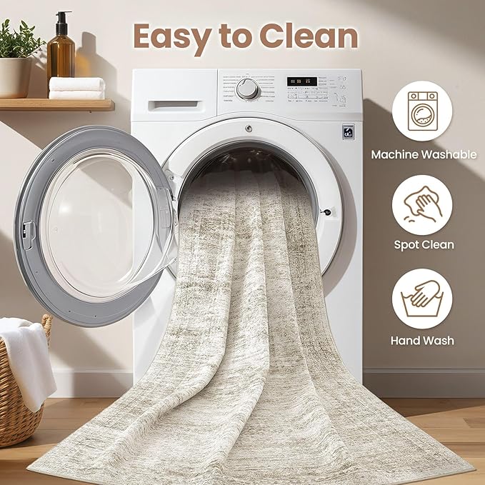 Washable Area Rugs for Living Room -6x9 Neutral Vintage Distressed Floral Farmhouse Boho Large Soft Floor Rug Indoor Non Slip Carpet for Living Room Bedroom Dining Room Office-Beige