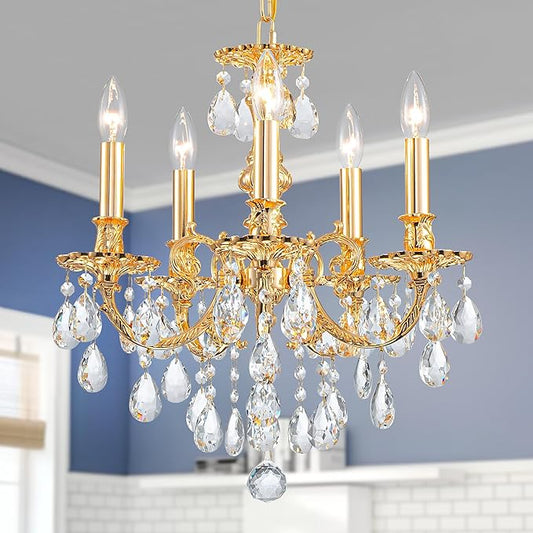 French K9 Crystal Maria Theresa Chandeliers, Luxury Vintage Pendant Light Fixture for Dining Room, Living Room, D17.7*H25~72 inch (Adjustable), Clear Crystal & Brass Finish Frame
