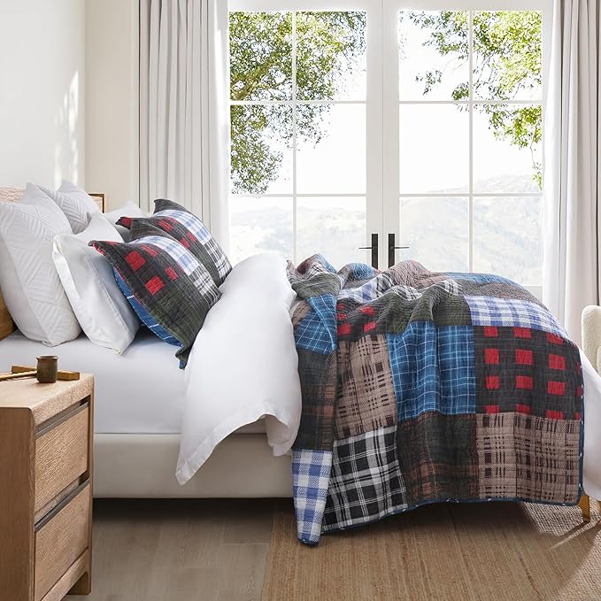 NEWLAKE Quilt Set Queen Size, Cotton Patchwork Blue Black Checkered Patterns Quilt Sets, Reversible Bedspread Lightweight and Breathable for All Seasons, Soft Quilted Bedspread with 2 Pillow Shams