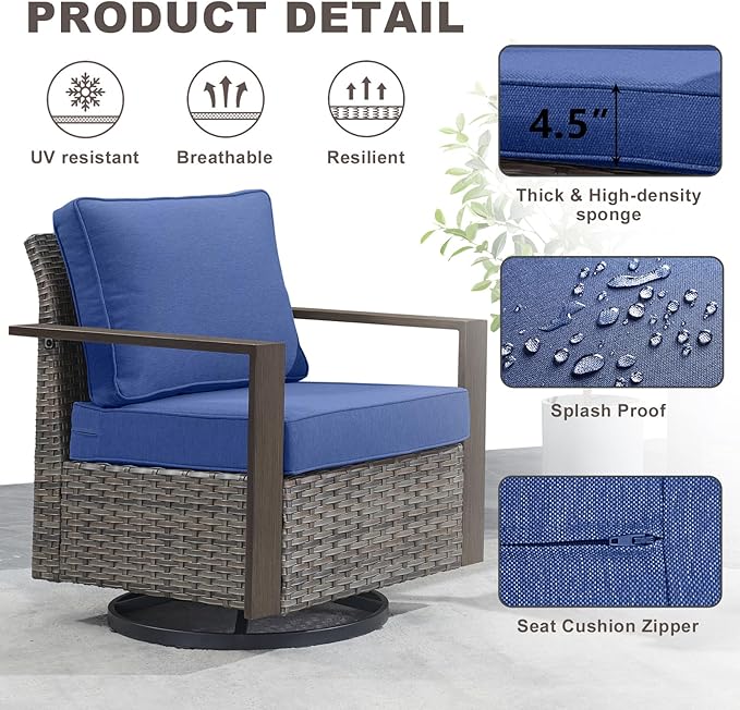 Outdoor Wicker Patio Furniture Set - 8 Piece Patio Conversation Set with 4 Wicker Swivel Rocker Chairs,2 Rattan Ottoman 1 Side Table and 1 Couch,Thick Cushions,Deep Seating(Mixed Grey/Blue)