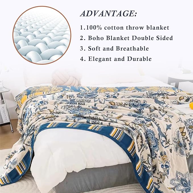 Snycler Boho Throw Blanket for Bed - 100% Cotton Ultra Soft Rustic Quilt - White Blue Floral Printed Farmhouse Decor Bed Blankets, 60"×80" All Season Rustic Throw for Sofa Couch Chair