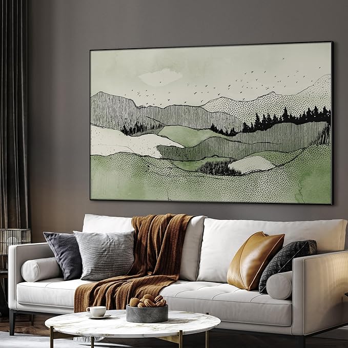 SIGNWIN 46"x72" Extra Large Framed Wall Art Green Line Art Mountain Landscape Illustration for Home Living Room Bedroom Decor (Frame Assembly Required)