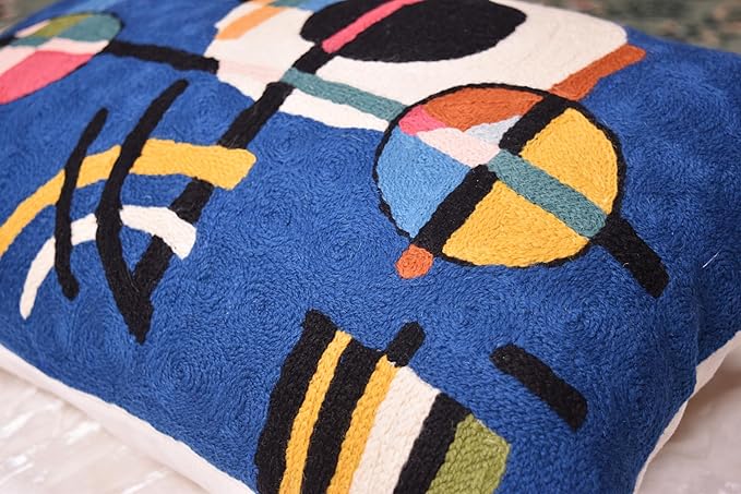 Lumbar Kandinsky Blue Modern Pillow Cover - Counterweights Mid-Century Chair Cushions Blues Abstract Pillowcase Contemporary Sofa Pillowsham Handembroidered Wool Size 14x20